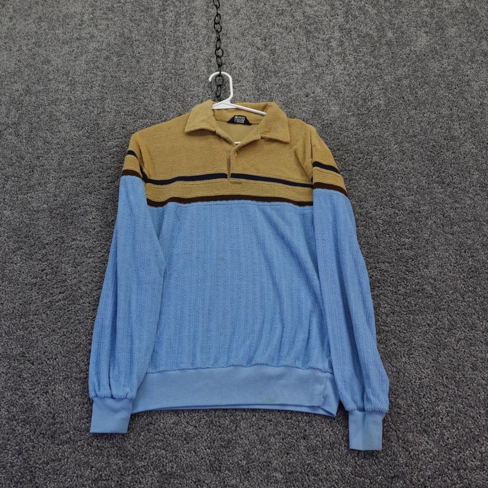 Montgomery Ward Pullover Shirt Mens Medium Blue Tan Striped Terry Cloth Vintage